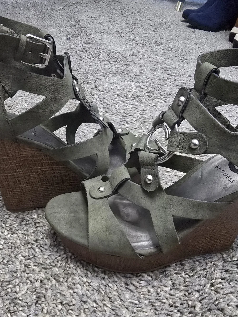 G by Guess Olive Green Suede Strappy Stud Wedge Sandals